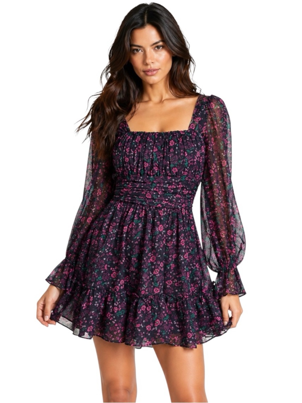 Divine Heritage Ditsy Floral Babydoll Milkmaid Mini Dress Sheer Puff Sleeve XS‎